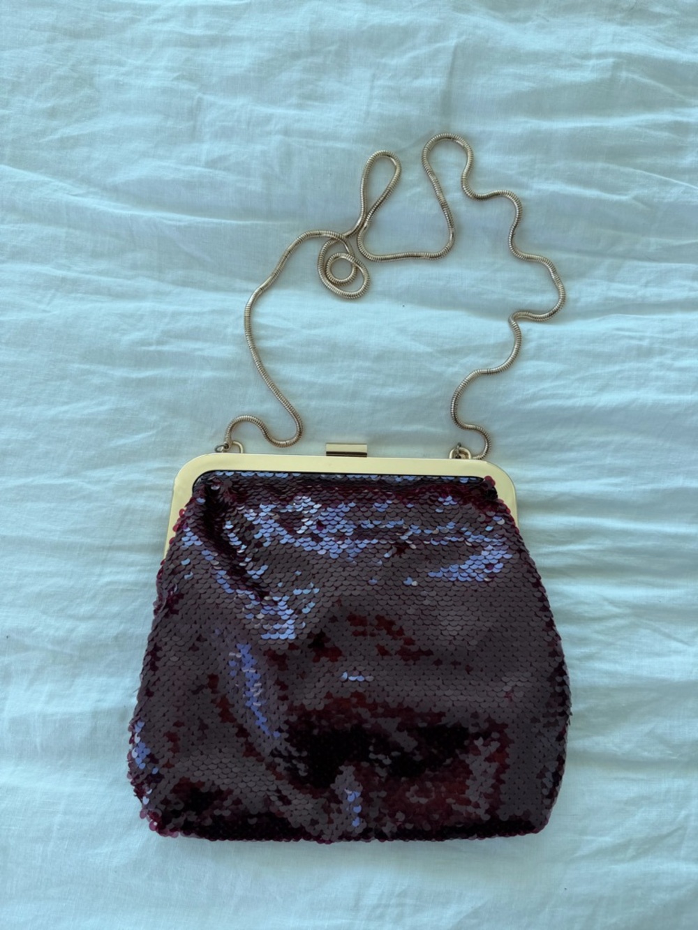 Ann Taylor Sequin Frame Shoulder Bag - Burgundy with Gold Chain